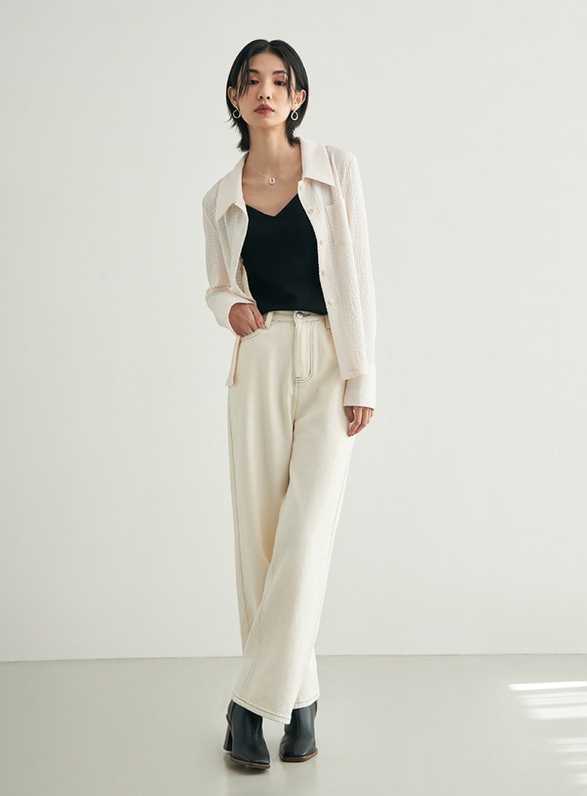 肌理感彈性長袖襯衫上衣